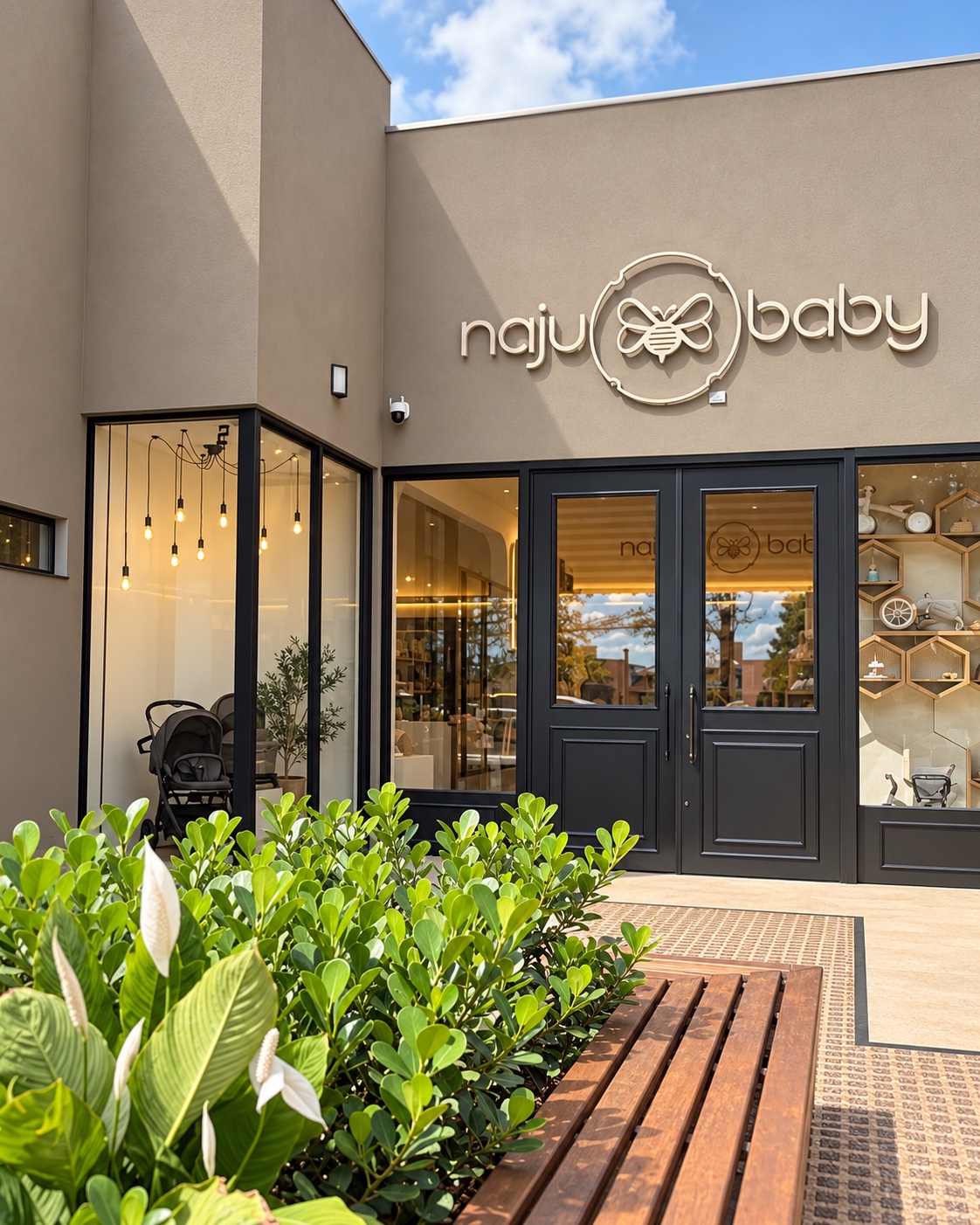Fachada da Naju Baby com a logo e a entrada da loja